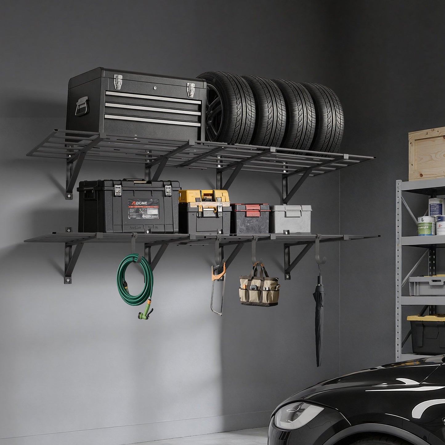 2-Tier Heavy Duty Wall Garage Shelving, 4 Pack 610 x 914 mm Steel Wall Mounted Shelving Unit, 610 x 1828 mm Per Shelf Floating Storage Metal Rack for Garage, 725 kg Total Weight Capacity, Black