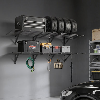 2-Tier Heavy Duty Wall Garage Shelving, 4 Pack 610 x 914 mm Steel Wall Mounted Shelving Unit, 610 x 1828 mm Per Shelf Floating Storage Metal Rack for Garage, 725 kg Total Weight Capacity, Black