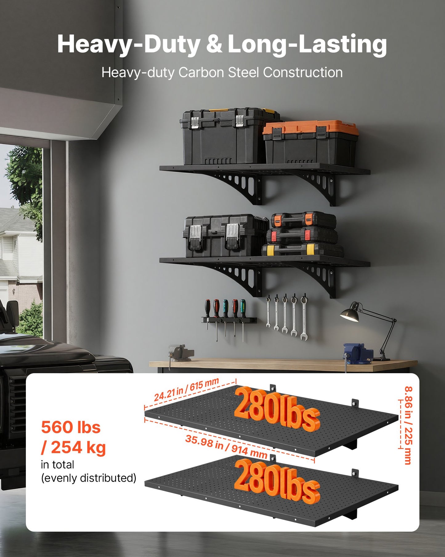 2-Tier Heavy Duty Wall Garage Shelving, 610 x 914 mm Steel Wall Mounted Shelving Unit with Hooks, 610 x 914 mm Per Shelf Floating Storage Metal Rack for Garage, 227 kg Total Weight Capacity