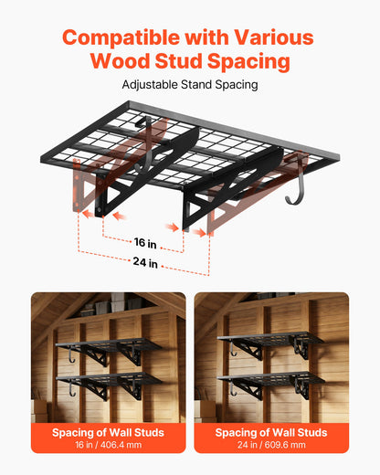 2-Tier Heavy Duty Wall Garage Shelving, 610 x 914 mm Steel Wall Mounted Shelving Unit with Hooks, 610 x 914 mm Per Shelf Floating Storage Metal Rack for Garage, 227 kg Total Weight Capacity