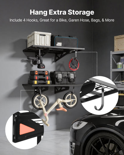2-Tier Heavy Duty Wall Garage Shelving, 610 x 914 mm Steel Wall Mounted Shelving Unit with Hooks, 610 x 914 mm Per Shelf Floating Storage Metal Rack for Garage, 227 kg Total Weight Capacity