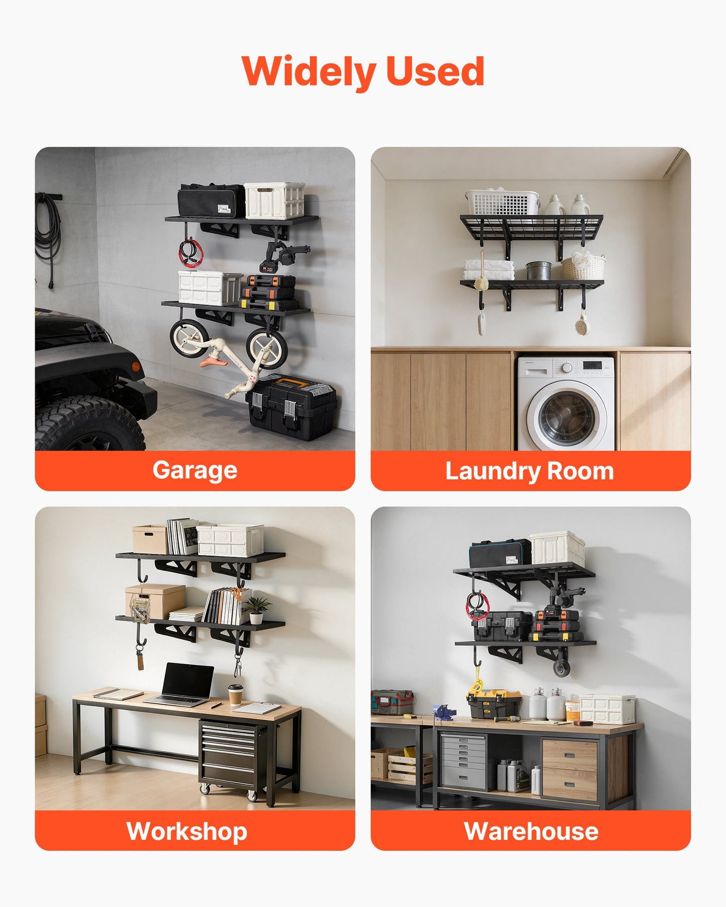 2-Tier Heavy Duty Wall Garage Shelving, 610 x 914 mm Steel Wall Mounted Shelving Unit with Hooks, 610 x 914 mm Per Shelf Floating Storage Metal Rack for Garage, 227 kg Total Weight Capacity