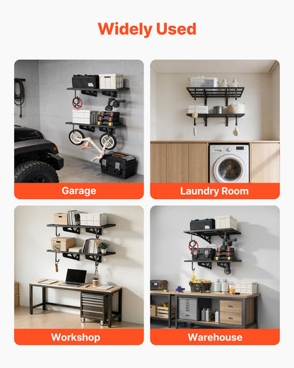 2-Tier Heavy Duty Wall Garage Shelving, 610 x 914 mm Steel Wall Mounted Shelving Unit with Hooks, 610 x 914 mm Per Shelf Floating Storage Metal Rack for Garage, 227 kg Total Weight Capacity