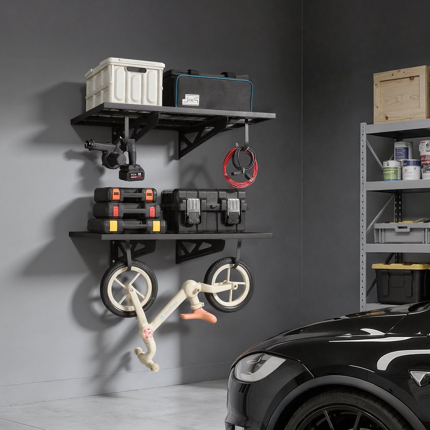 2-Tier Heavy Duty Wall Garage Shelving, 610 x 914 mm Steel Wall Mounted Shelving Unit with Hooks, 610 x 914 mm Per Shelf Floating Storage Metal Rack for Garage, 227 kg Total Weight Capacity