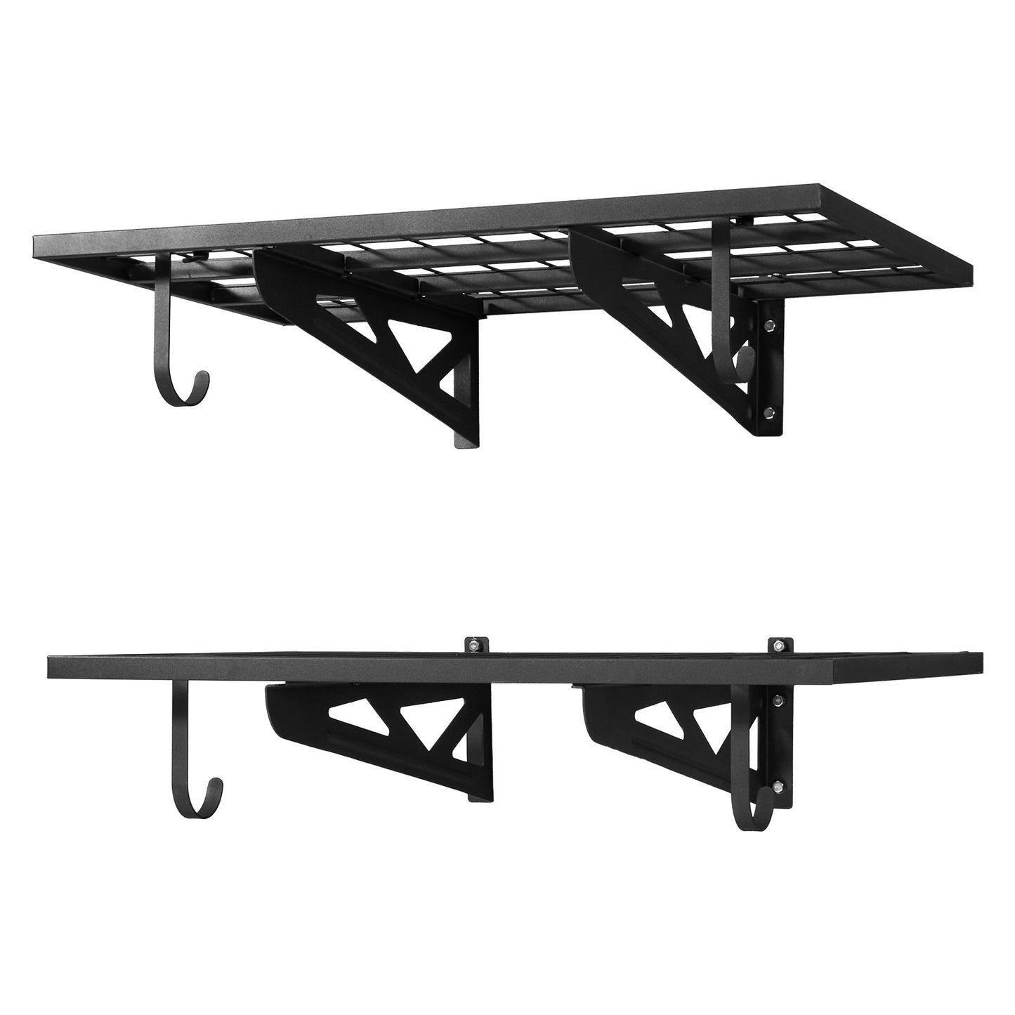 2-Tier Heavy Duty Wall Garage Shelving, 610 x 914 mm Steel Wall Mounted Shelving Unit with Hooks, 610 x 914 mm Per Shelf Floating Storage Metal Rack for Garage, 227 kg Total Weight Capacity