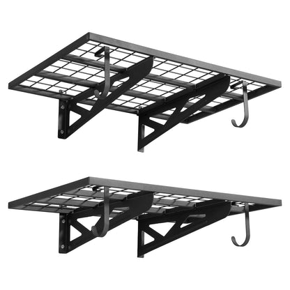 2-Tier Heavy Duty Wall Garage Shelving, 610 x 914 mm Steel Wall Mounted Shelving Unit with Hooks, 610 x 914 mm Per Shelf Floating Storage Metal Rack for Garage, 227 kg Total Weight Capacity
