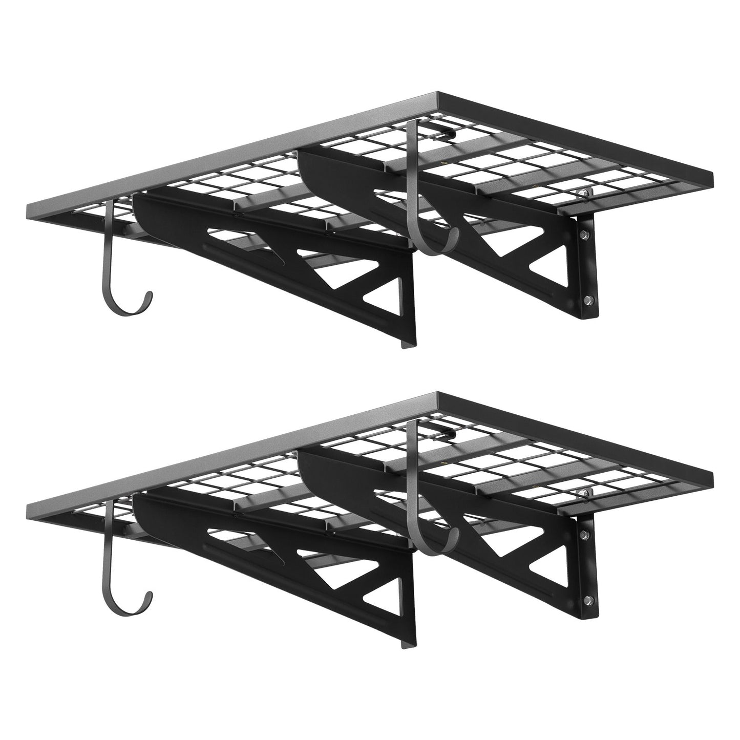 2-Tier Heavy Duty Wall Garage Shelving, 610 x 914 mm Steel Wall Mounted Shelving Unit with Hooks, 610 x 914 mm Per Shelf Floating Storage Metal Rack for Garage, 227 kg Total Weight Capacity
