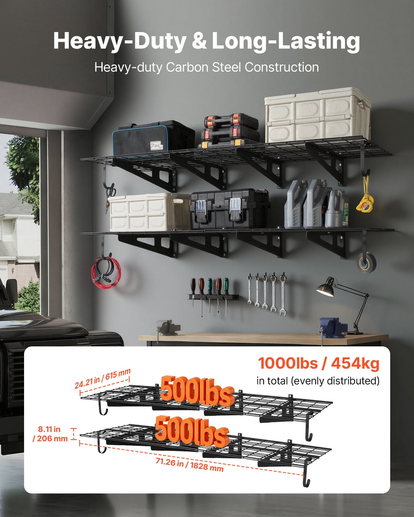 2-Tier Heavy Duty Wall Garage Shelving, 8 Pack 305 x 914 mm Steel Wall Mounted Shelving Unit with Hooks, 610 x 1828 mm Per Shelf Floating Storage Metal Rack, 454 kg Total Weight Capacity, Black