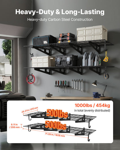 2-Tier Heavy Duty Wall Garage Shelving, 8 Pack 305 x 914 mm Steel Wall Mounted Shelving Unit with Hooks, 610 x 1828 mm Per Shelf Floating Storage Metal Rack, 454 kg Total Weight Capacity, Black
