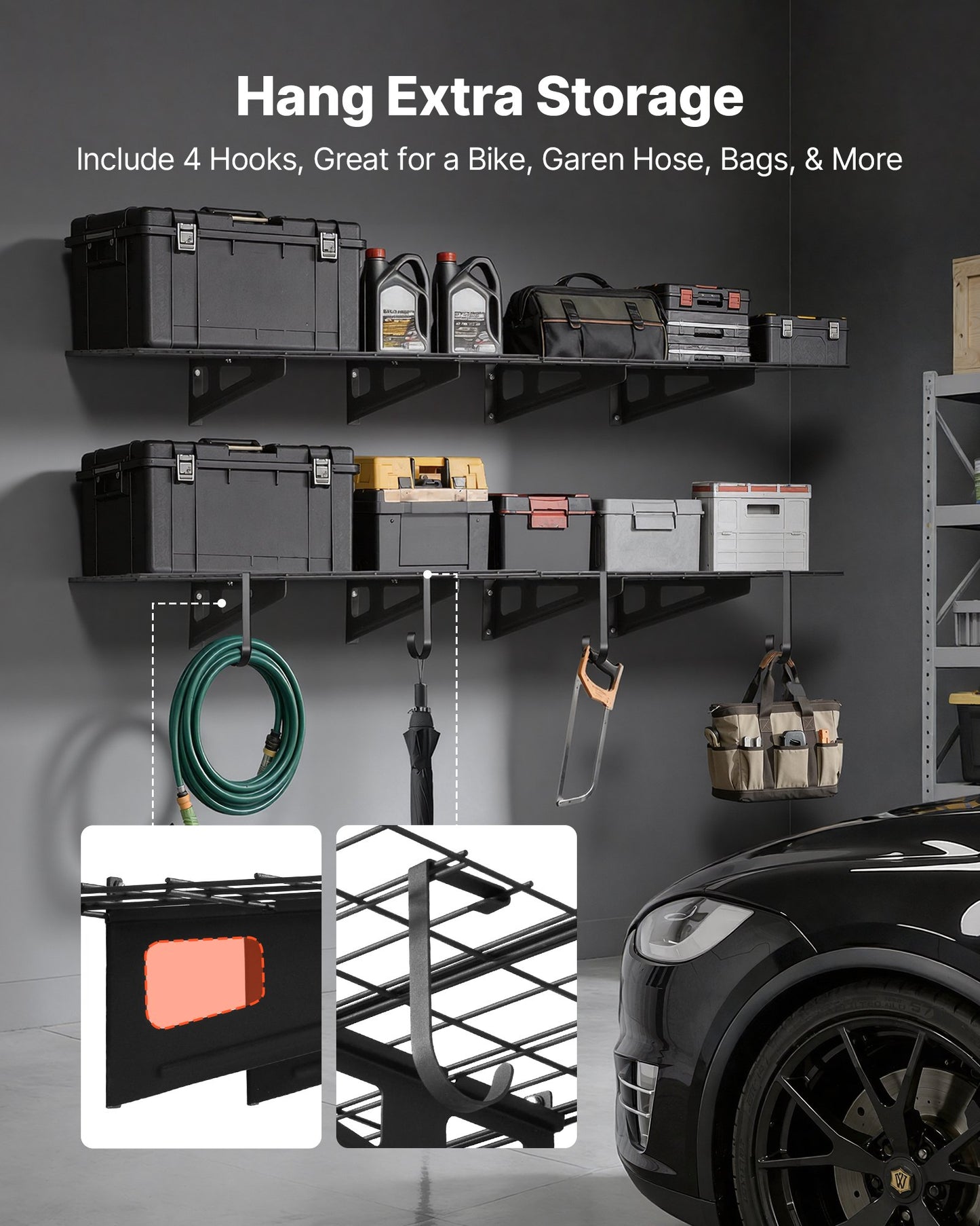 2-Tier Heavy Duty Wall Garage Shelving, 8 Pack 305 x 914 mm Steel Wall Mounted Shelving Unit with Hooks, 610 x 1828 mm Per Shelf Floating Storage Metal Rack, 454 kg Total Weight Capacity, Black