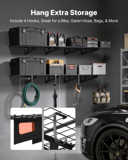 2-Tier Heavy Duty Wall Garage Shelving, 8 Pack 305 x 914 mm Steel Wall Mounted Shelving Unit with Hooks, 610 x 1828 mm Per Shelf Floating Storage Metal Rack, 454 kg Total Weight Capacity, Black