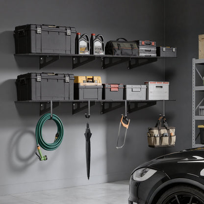 2-Tier Heavy Duty Wall Garage Shelving, 8 Pack 305 x 914 mm Steel Wall Mounted Shelving Unit with Hooks, 610 x 1828 mm Per Shelf Floating Storage Metal Rack, 454 kg Total Weight Capacity, Black