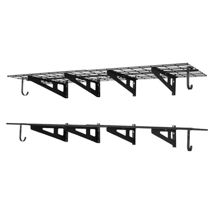 2-Tier Heavy Duty Wall Garage Shelving, 8 Pack 305 x 914 mm Steel Wall Mounted Shelving Unit with Hooks, 610 x 1828 mm Per Shelf Floating Storage Metal Rack, 454 kg Total Weight Capacity, Black