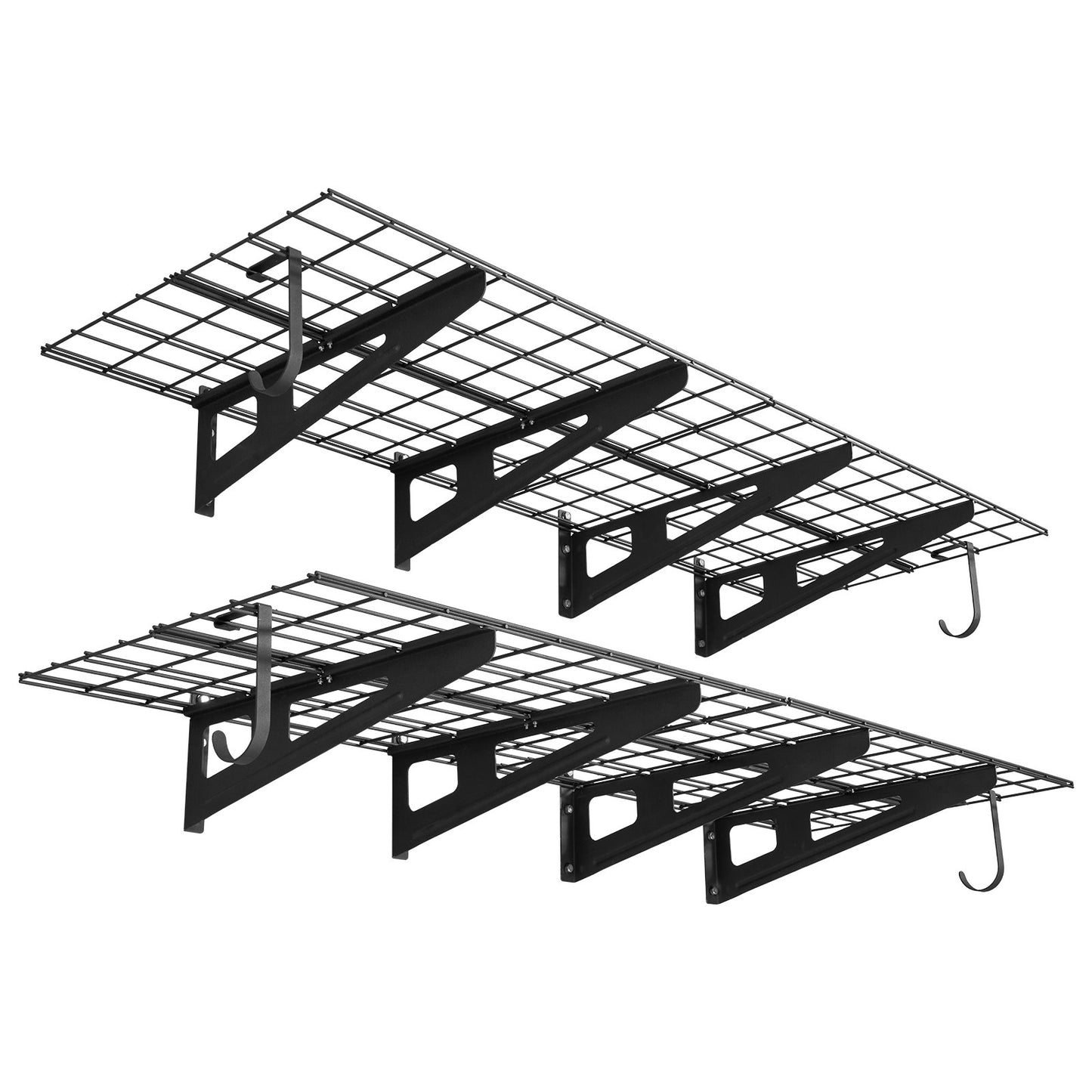 2-Tier Heavy Duty Wall Garage Shelving, 8 Pack 305 x 914 mm Steel Wall Mounted Shelving Unit with Hooks, 610 x 1828 mm Per Shelf Floating Storage Metal Rack, 454 kg Total Weight Capacity, Black