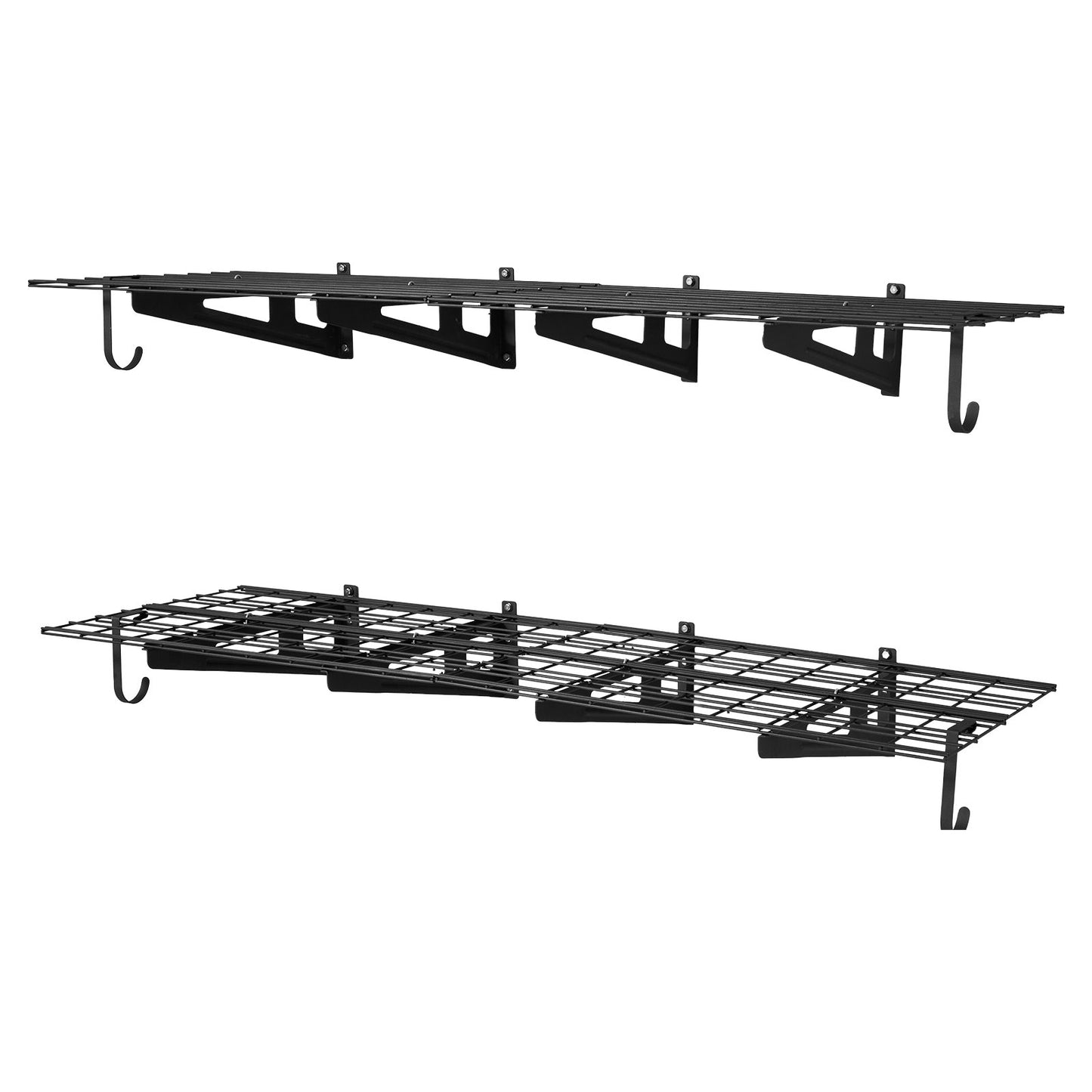 2-Tier Heavy Duty Wall Garage Shelving, 8 Pack 305 x 914 mm Steel Wall Mounted Shelving Unit with Hooks, 610 x 1828 mm Per Shelf Floating Storage Metal Rack, 454 kg Total Weight Capacity, Black