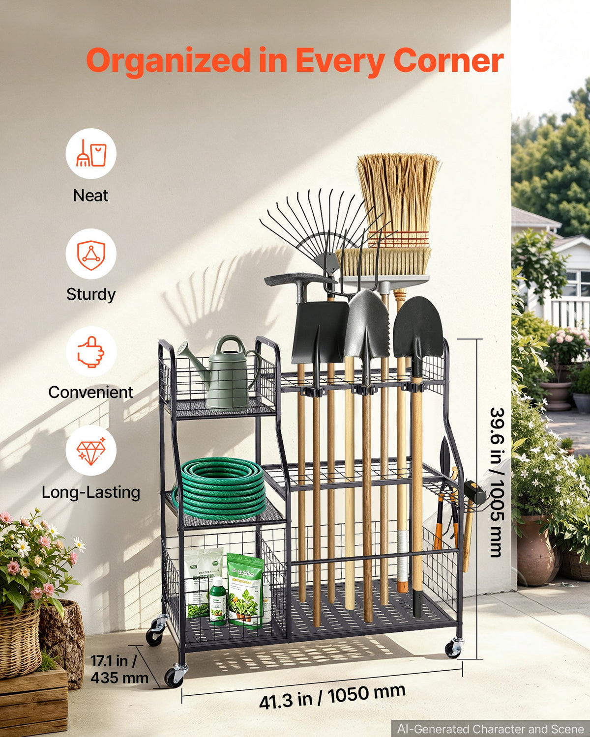 Garden Tool Organizer with Wheels, Large Metal Garage Storage Rack, for Rakes/Shovels/Brooms, Yard Utility Tool Holder for Shed/Outdoor/Lawn Organization, Heavy-Duty Steel, with Hooks, Black