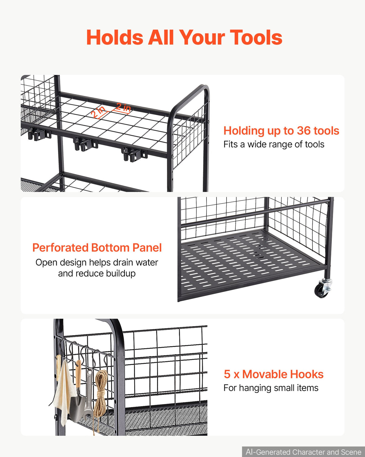 Garden Tool Organizer with Wheels, Large Metal Garage Storage Rack, for Rakes/Shovels/Brooms, Yard Utility Tool Holder for Shed/Outdoor/Lawn Organization, Heavy-Duty Steel, with Hooks, Black