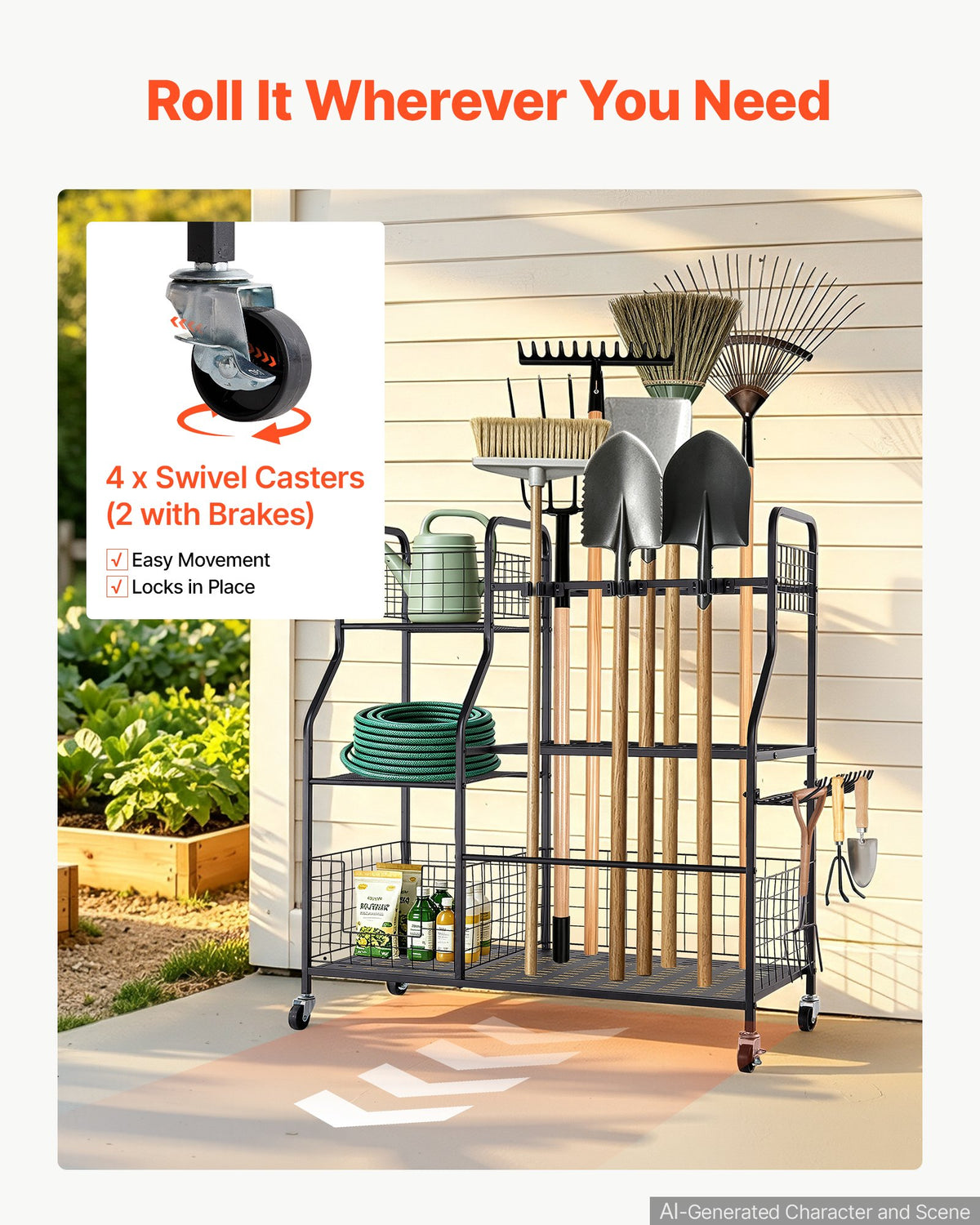 Garden Tool Organizer with Wheels, Large Metal Garage Storage Rack, for Rakes/Shovels/Brooms, Yard Utility Tool Holder for Shed/Outdoor/Lawn Organization, Heavy-Duty Steel, with Hooks, Black