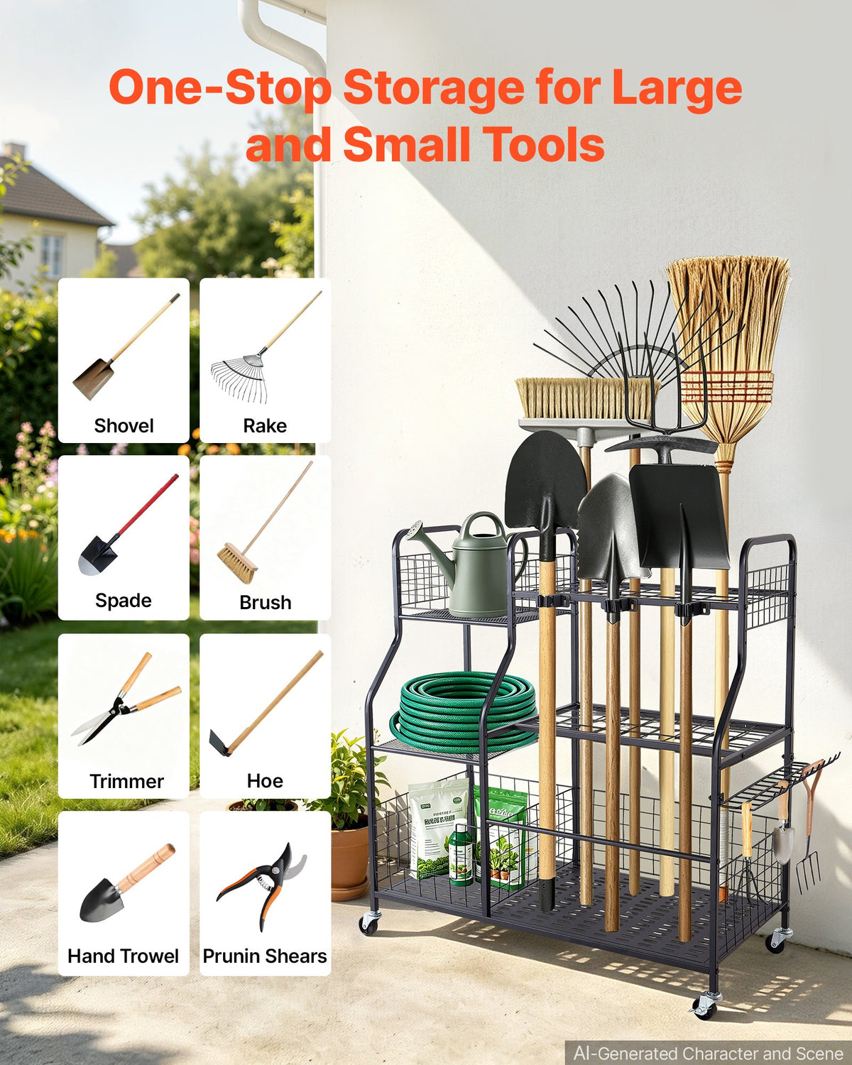 Garden Tool Organizer with Wheels, Large Metal Garage Storage Rack, for Rakes/Shovels/Brooms, Yard Utility Tool Holder for Shed/Outdoor/Lawn Organization, Heavy-Duty Steel, with Hooks, Black