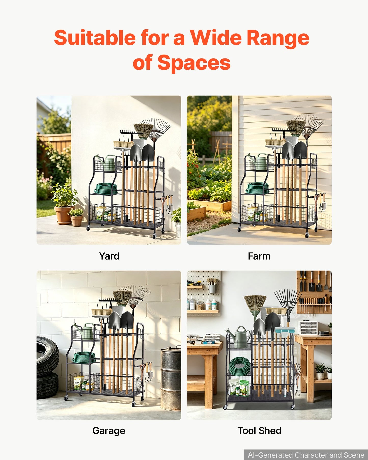 Garden Tool Organizer with Wheels, Large Metal Garage Storage Rack, for Rakes/Shovels/Brooms, Yard Utility Tool Holder for Shed/Outdoor/Lawn Organization, Heavy-Duty Steel, with Hooks, Black