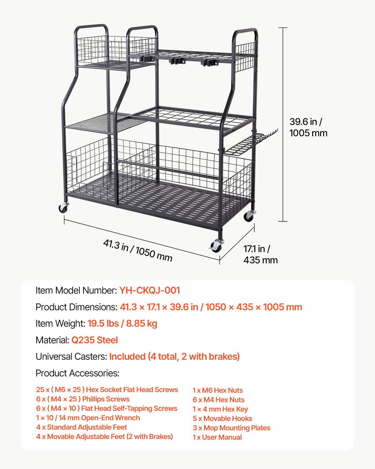Garden Tool Organizer with Wheels, Large Metal Garage Storage Rack, for Rakes/Shovels/Brooms, Yard Utility Tool Holder for Shed/Outdoor/Lawn Organization, Heavy-Duty Steel, with Hooks, Black