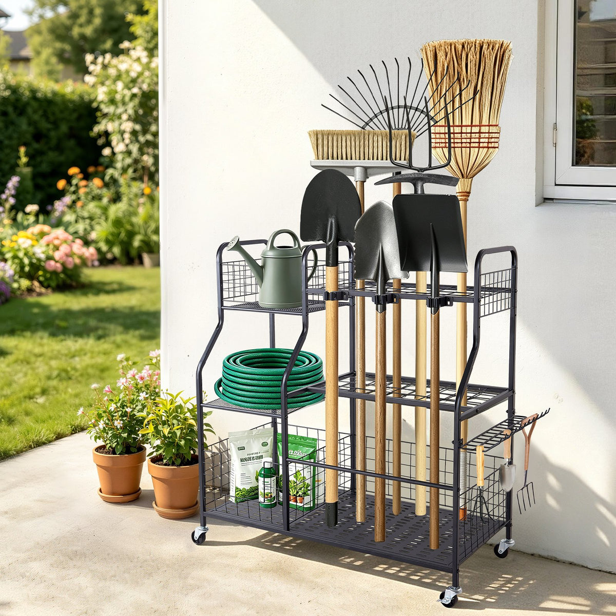 Garden Tool Organizer with Wheels, Large Metal Garage Storage Rack, for Rakes/Shovels/Brooms, Yard Utility Tool Holder for Shed/Outdoor/Lawn Organization, Heavy-Duty Steel, with Hooks, Black