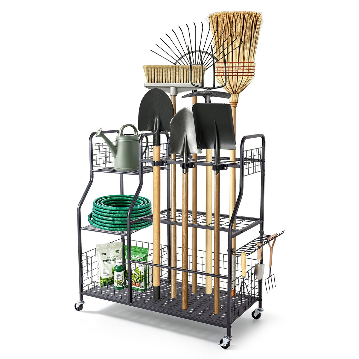 Garden Tool Organizer with Wheels, Large Metal Garage Storage Rack, for Rakes/Shovels/Brooms, Yard Utility Tool Holder for Shed/Outdoor/Lawn Organization, Heavy-Duty Steel, with Hooks, Black