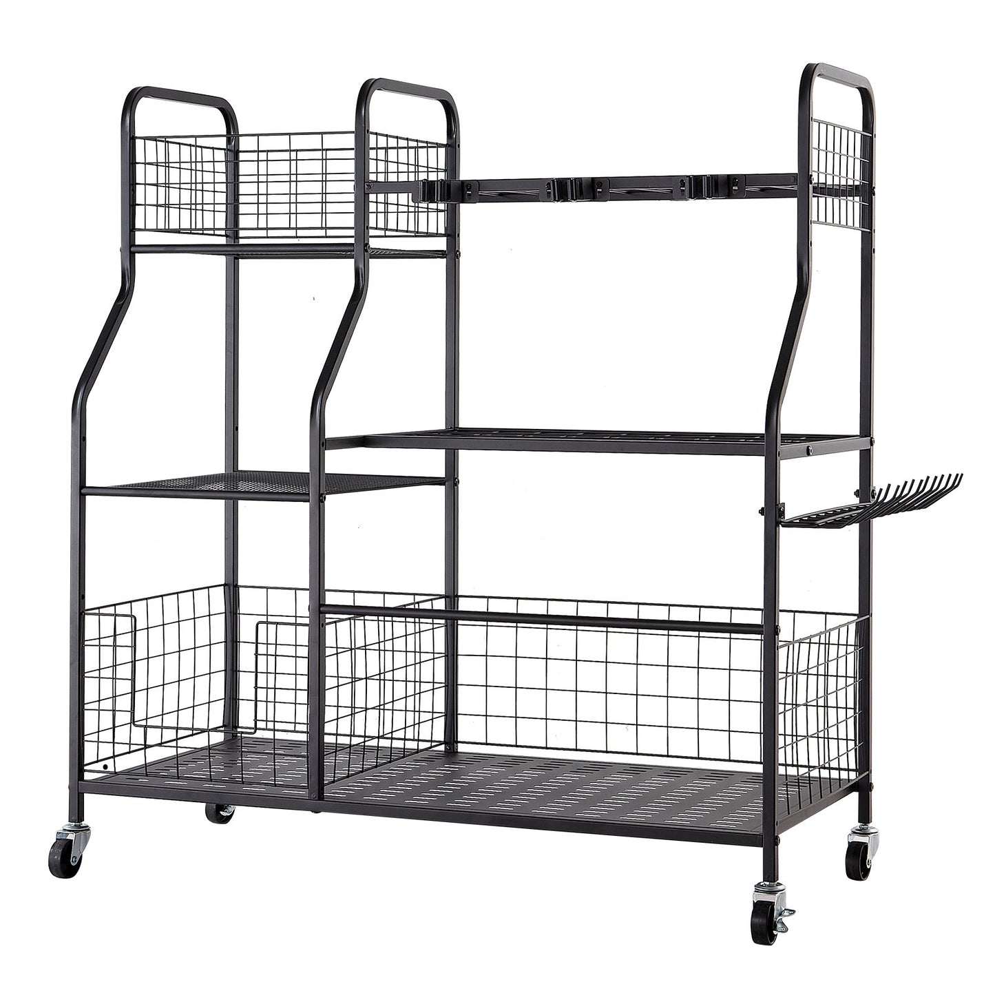 Garden Tool Organizer with Wheels, Large Metal Garage Storage Rack, for Rakes/Shovels/Brooms, Yard Utility Tool Holder for Shed/Outdoor/Lawn Organization, Heavy-Duty Steel, with Hooks, Black