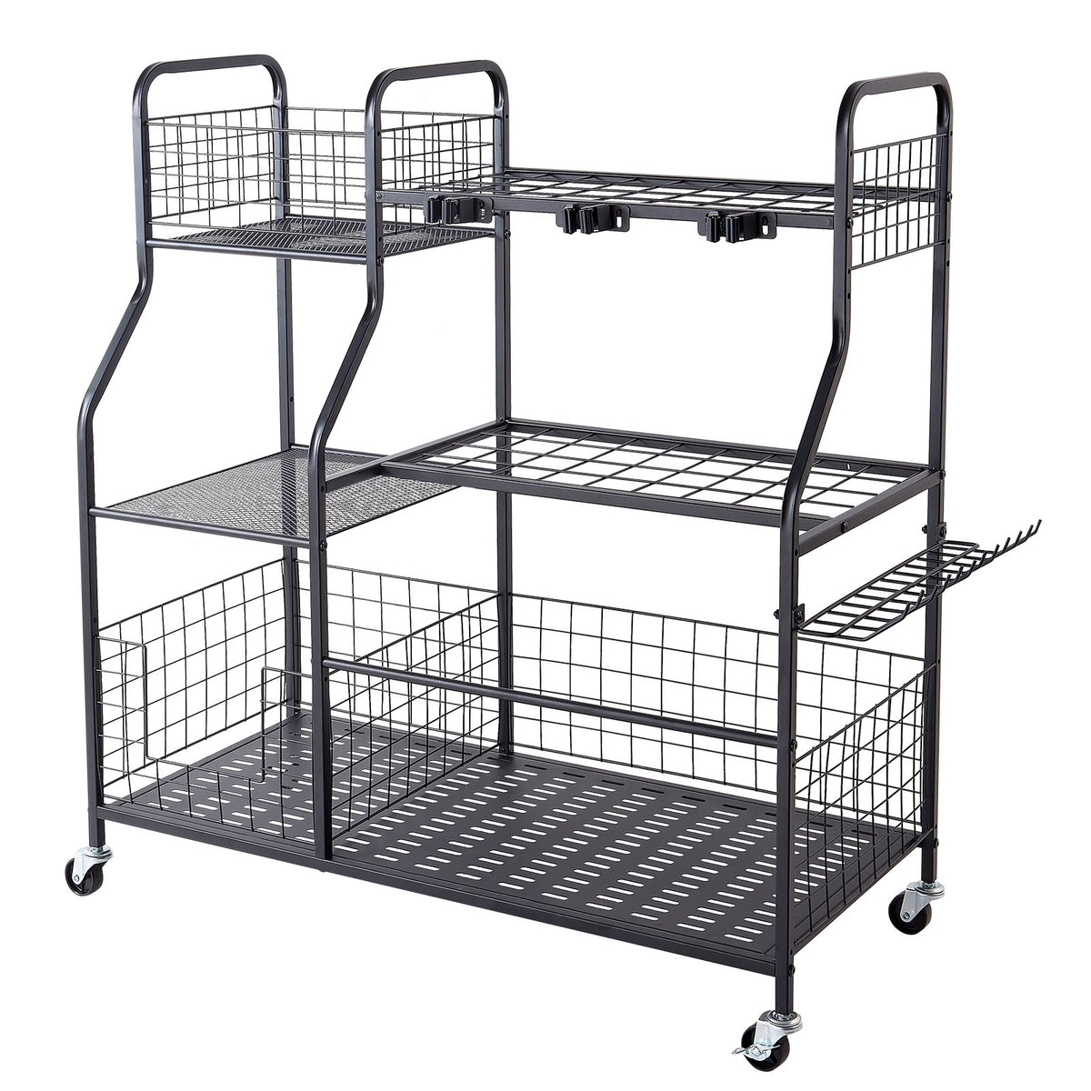 Garden Tool Organizer with Wheels, Large Metal Garage Storage Rack, for Rakes/Shovels/Brooms, Yard Utility Tool Holder for Shed/Outdoor/Lawn Organization, Heavy-Duty Steel, with Hooks, Black