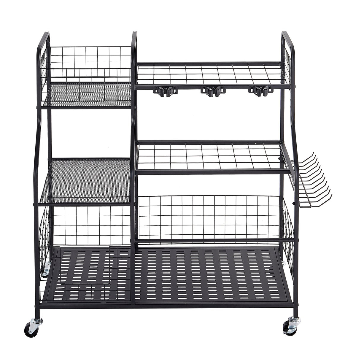 Garden Tool Organizer with Wheels, Large Metal Garage Storage Rack, for Rakes/Shovels/Brooms, Yard Utility Tool Holder for Shed/Outdoor/Lawn Organization, Heavy-Duty Steel, with Hooks, Black