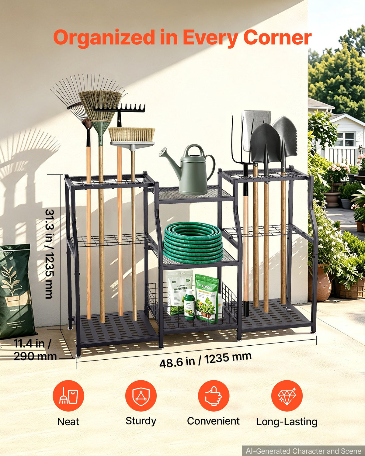 Garden Tool Organizer, 3-Tier High-Capacity Metal Garage Storage Rack, for Rakes/Shovels/Brooms, Yard Utility Tool Holder for Shed/Outdoor/Lawn Organization, Heavy-Duty Steel, with Hooks, Black