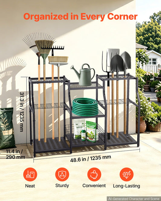 Garden Tool Organizer, 3-Tier High-Capacity Metal Garage Storage Rack, for Rakes/Shovels/Brooms, Yard Utility Tool Holder for Shed/Outdoor/Lawn Organization, Heavy-Duty Steel, with Hooks, Black