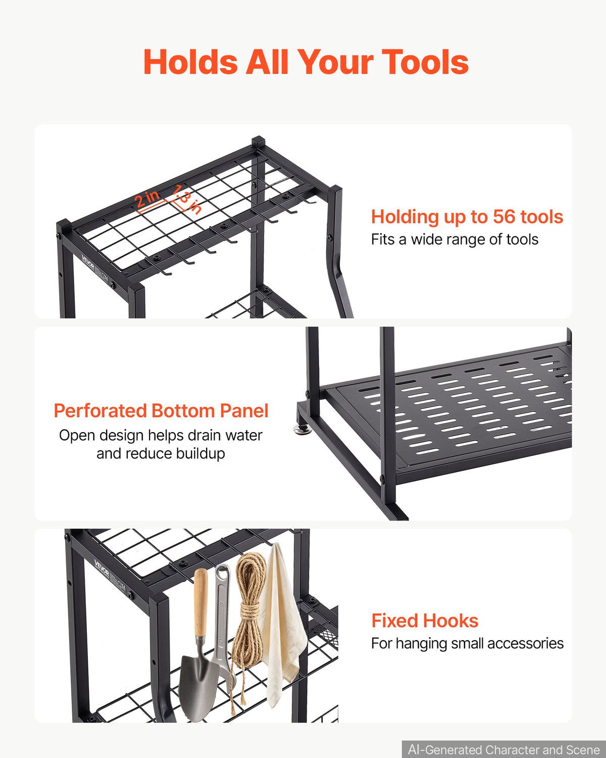 Garden Tool Organizer, 3-Tier High-Capacity Metal Garage Storage Rack, for Rakes/Shovels/Brooms, Yard Utility Tool Holder for Shed/Outdoor/Lawn Organization, Heavy-Duty Steel, with Hooks, Black