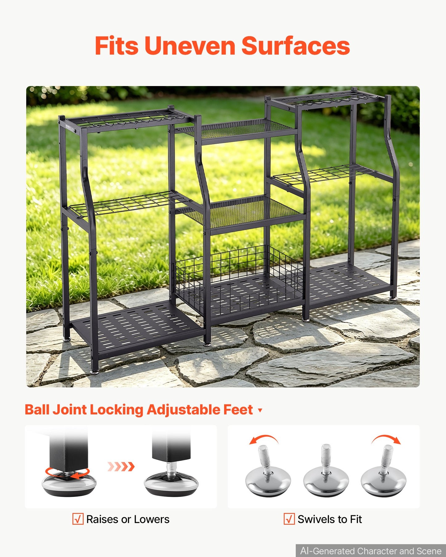 Garden Tool Organizer, 3-Tier High-Capacity Metal Garage Storage Rack, for Rakes/Shovels/Brooms, Yard Utility Tool Holder for Shed/Outdoor/Lawn Organization, Heavy-Duty Steel, with Hooks, Black