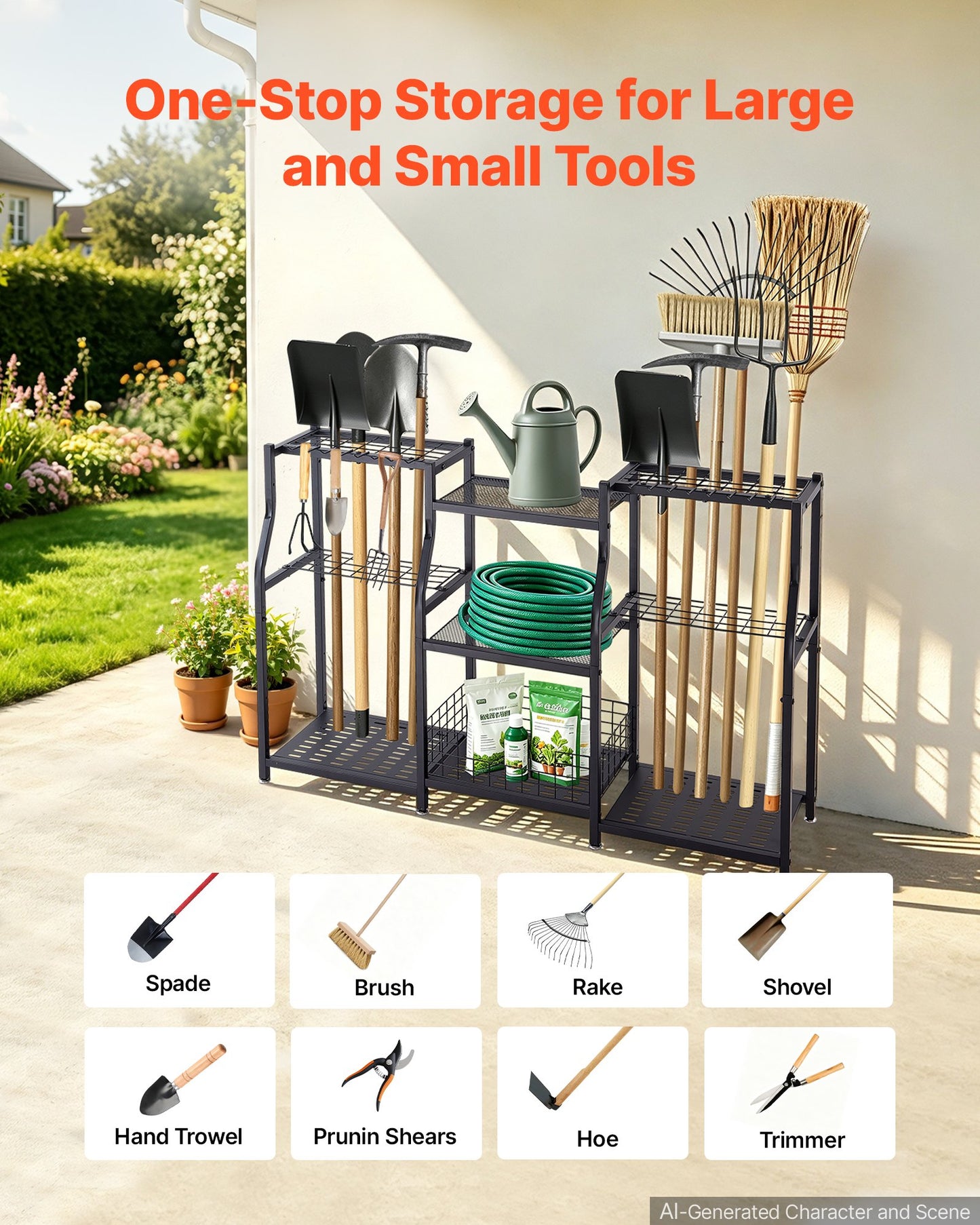 Garden Tool Organizer, 3-Tier High-Capacity Metal Garage Storage Rack, for Rakes/Shovels/Brooms, Yard Utility Tool Holder for Shed/Outdoor/Lawn Organization, Heavy-Duty Steel, with Hooks, Black