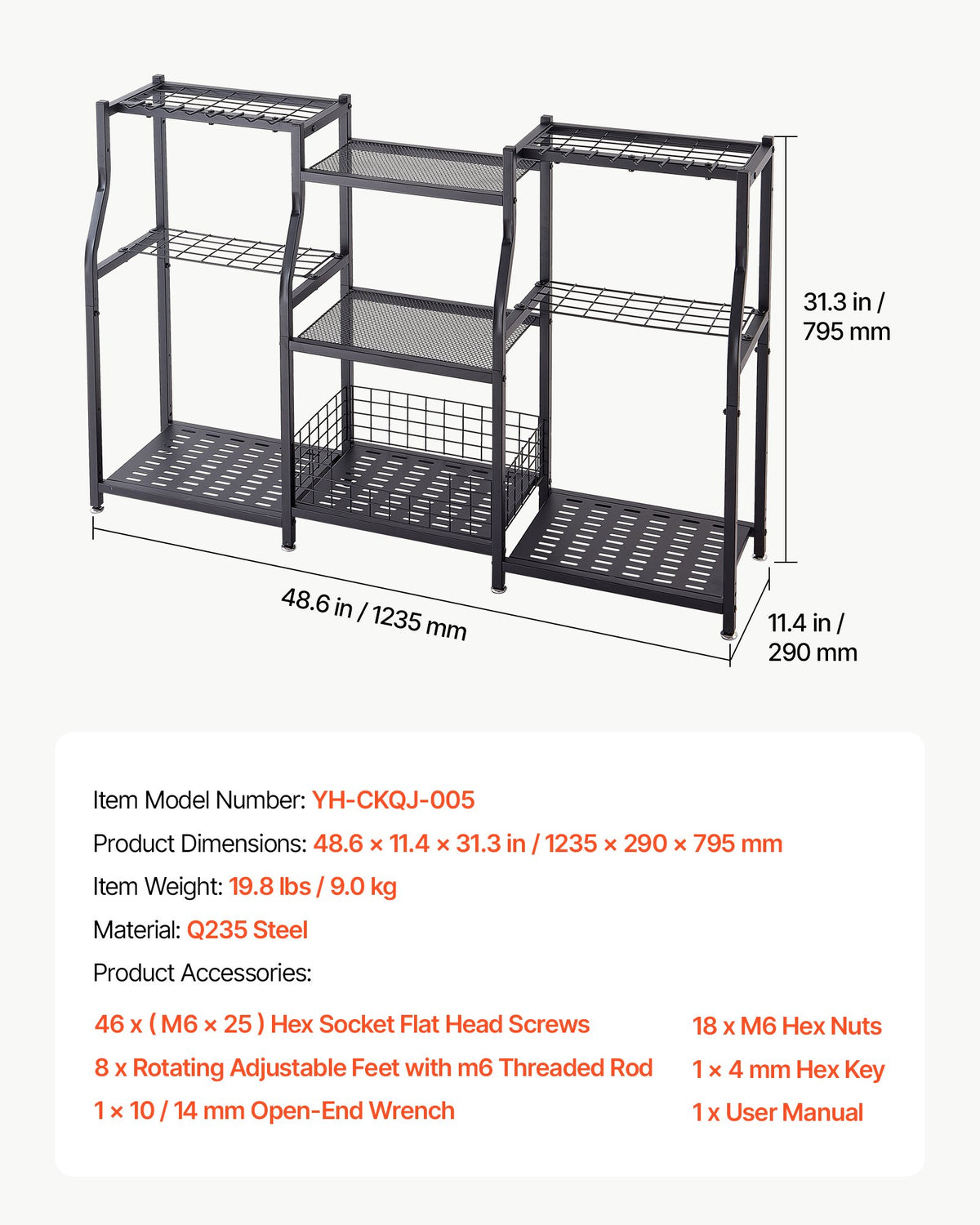 Garden Tool Organizer, 3-Tier High-Capacity Metal Garage Storage Rack, for Rakes/Shovels/Brooms, Yard Utility Tool Holder for Shed/Outdoor/Lawn Organization, Heavy-Duty Steel, with Hooks, Black