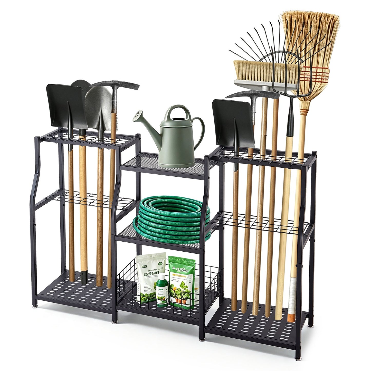Garden Tool Organizer, 3-Tier High-Capacity Metal Garage Storage Rack, for Rakes/Shovels/Brooms, Yard Utility Tool Holder for Shed/Outdoor/Lawn Organization, Heavy-Duty Steel, with Hooks, Black