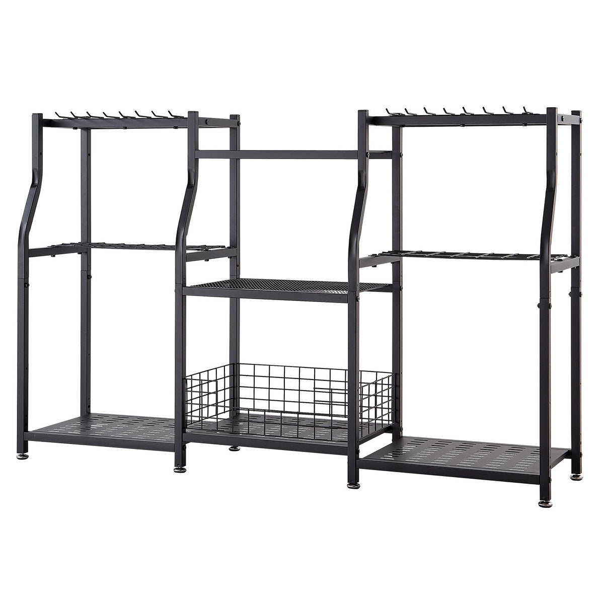 Garden Tool Organizer, 3-Tier High-Capacity Metal Garage Storage Rack, for Rakes/Shovels/Brooms, Yard Utility Tool Holder for Shed/Outdoor/Lawn Organization, Heavy-Duty Steel, with Hooks, Black