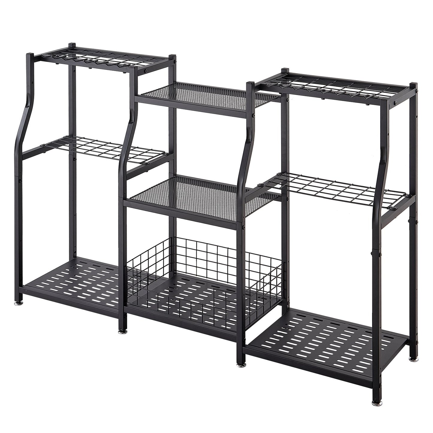 Garden Tool Organizer, 3-Tier High-Capacity Metal Garage Storage Rack, for Rakes/Shovels/Brooms, Yard Utility Tool Holder for Shed/Outdoor/Lawn Organization, Heavy-Duty Steel, with Hooks, Black