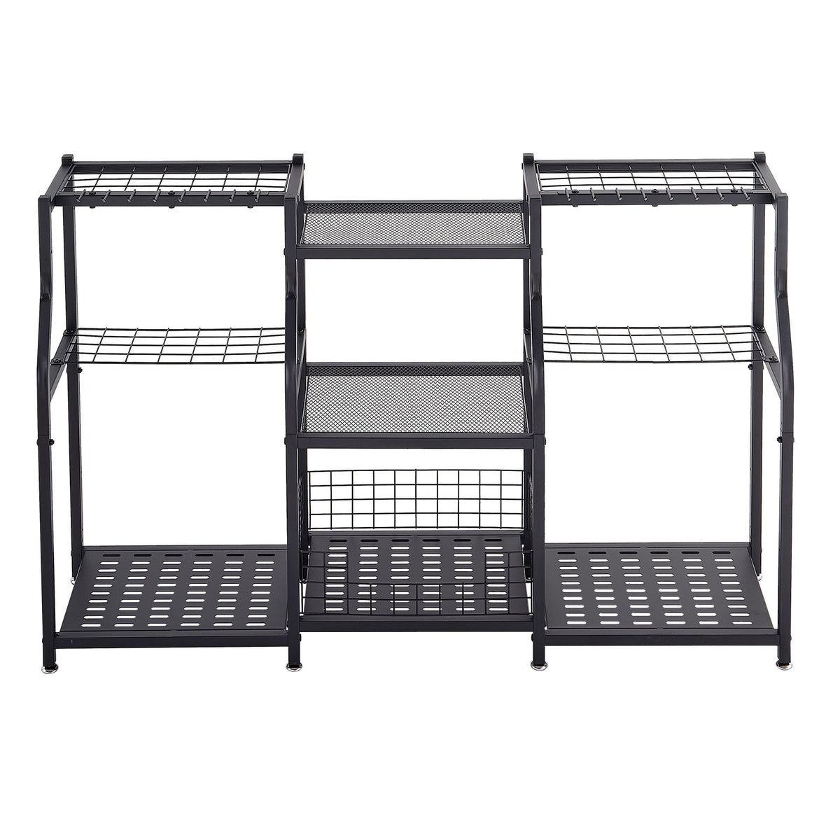 Garden Tool Organizer, 3-Tier High-Capacity Metal Garage Storage Rack, for Rakes/Shovels/Brooms, Yard Utility Tool Holder for Shed/Outdoor/Lawn Organization, Heavy-Duty Steel, with Hooks, Black