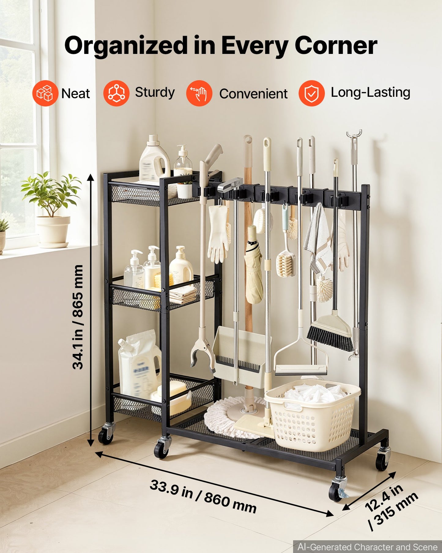 Broom Holder with Cleaning Supplies Organizer, Garage Storage Metal, Cleaning Cart with Mop Hanger, for Home Brooms, Detergent, Brushes, Heavy-Duty Steel Utility Tool Holder, with Wheels, Black