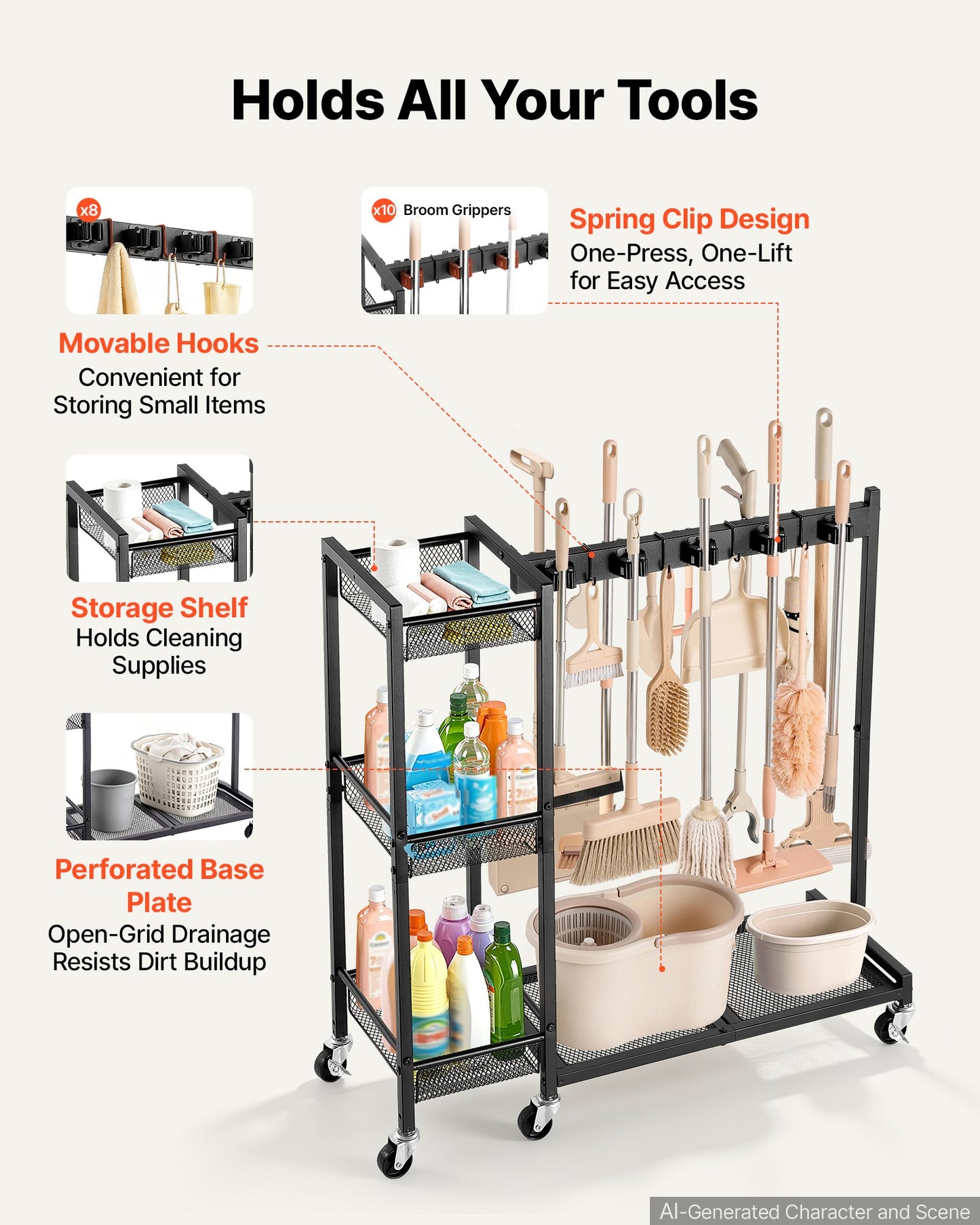 Broom Holder with Cleaning Supplies Organizer, Garage Storage Metal, Cleaning Cart with Mop Hanger, for Home Brooms, Detergent, Brushes, Heavy-Duty Steel Utility Tool Holder, with Wheels, Black