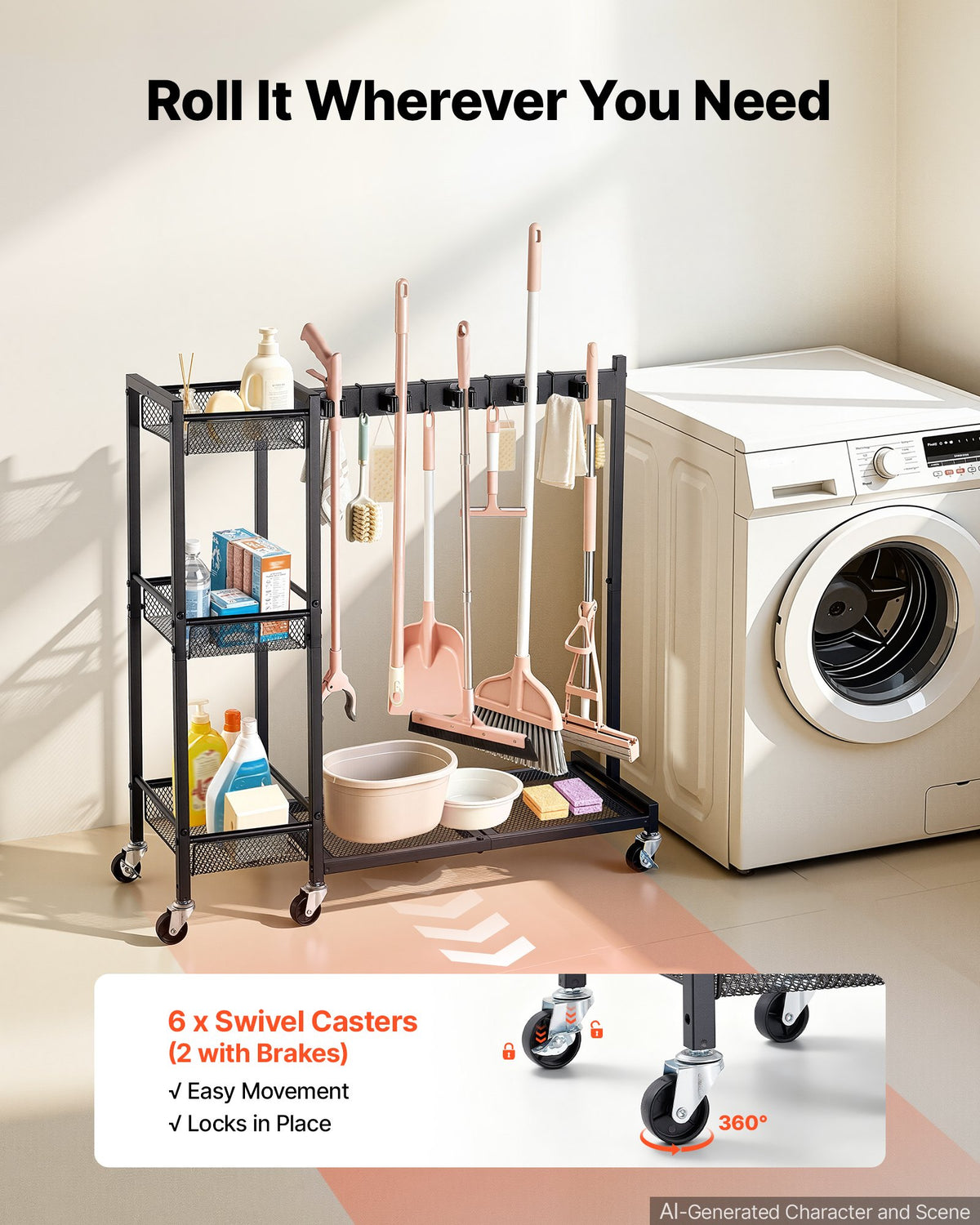 Broom Holder with Cleaning Supplies Organizer, Garage Storage Metal, Cleaning Cart with Mop Hanger, for Home Brooms, Detergent, Brushes, Heavy-Duty Steel Utility Tool Holder, with Wheels, Black
