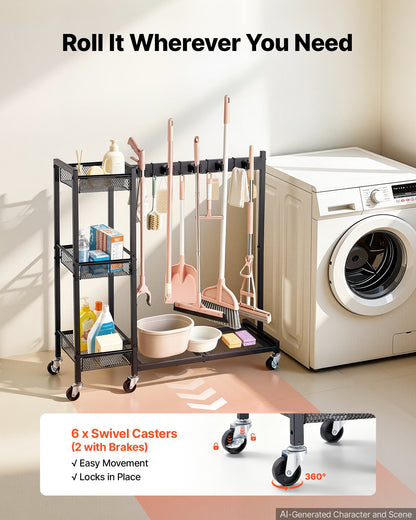 Broom Holder with Cleaning Supplies Organizer, Garage Storage Metal, Cleaning Cart with Mop Hanger, for Home Brooms, Detergent, Brushes, Heavy-Duty Steel Utility Tool Holder, with Wheels, Black