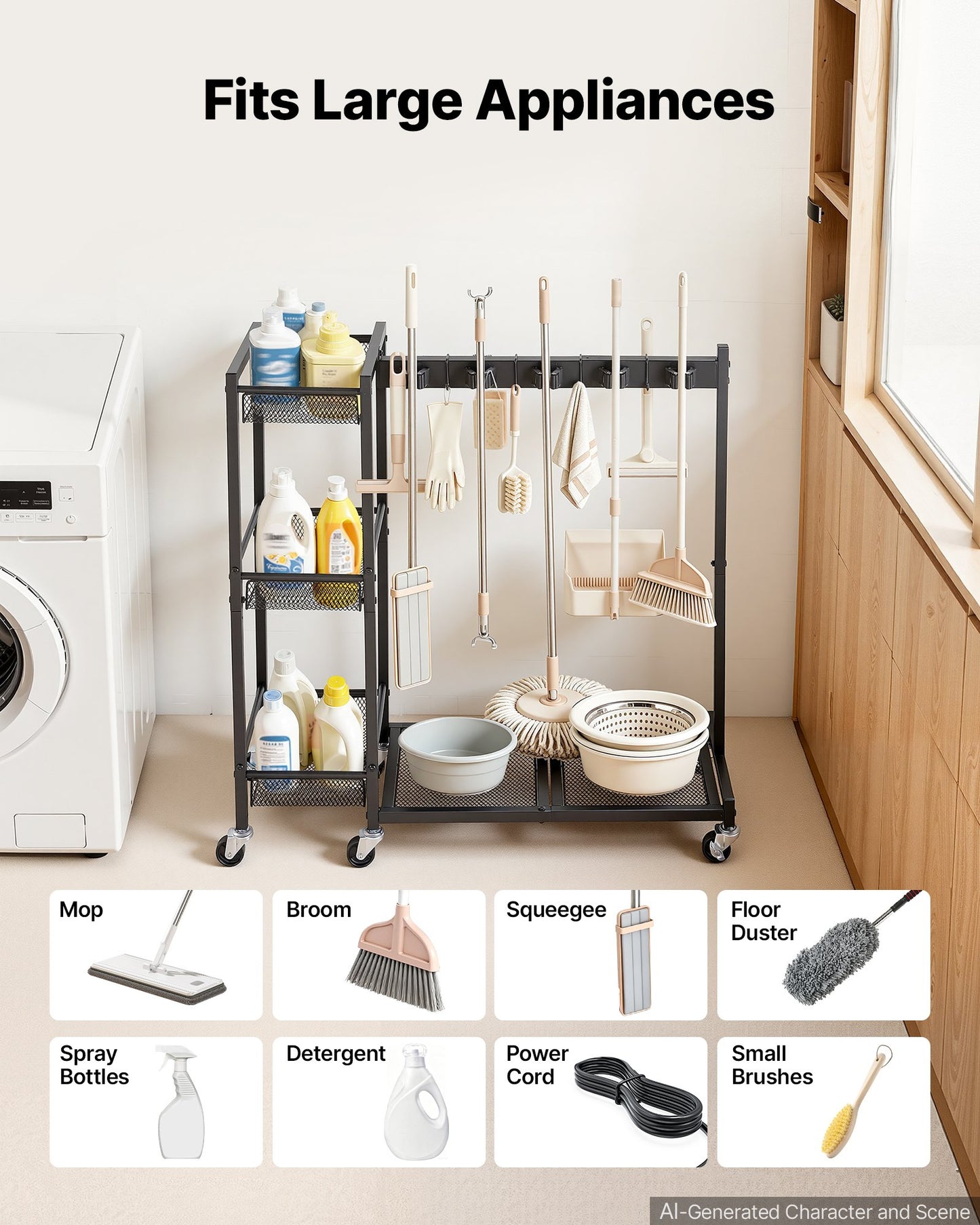 Broom Holder with Cleaning Supplies Organizer, Garage Storage Metal, Cleaning Cart with Mop Hanger, for Home Brooms, Detergent, Brushes, Heavy-Duty Steel Utility Tool Holder, with Wheels, Black