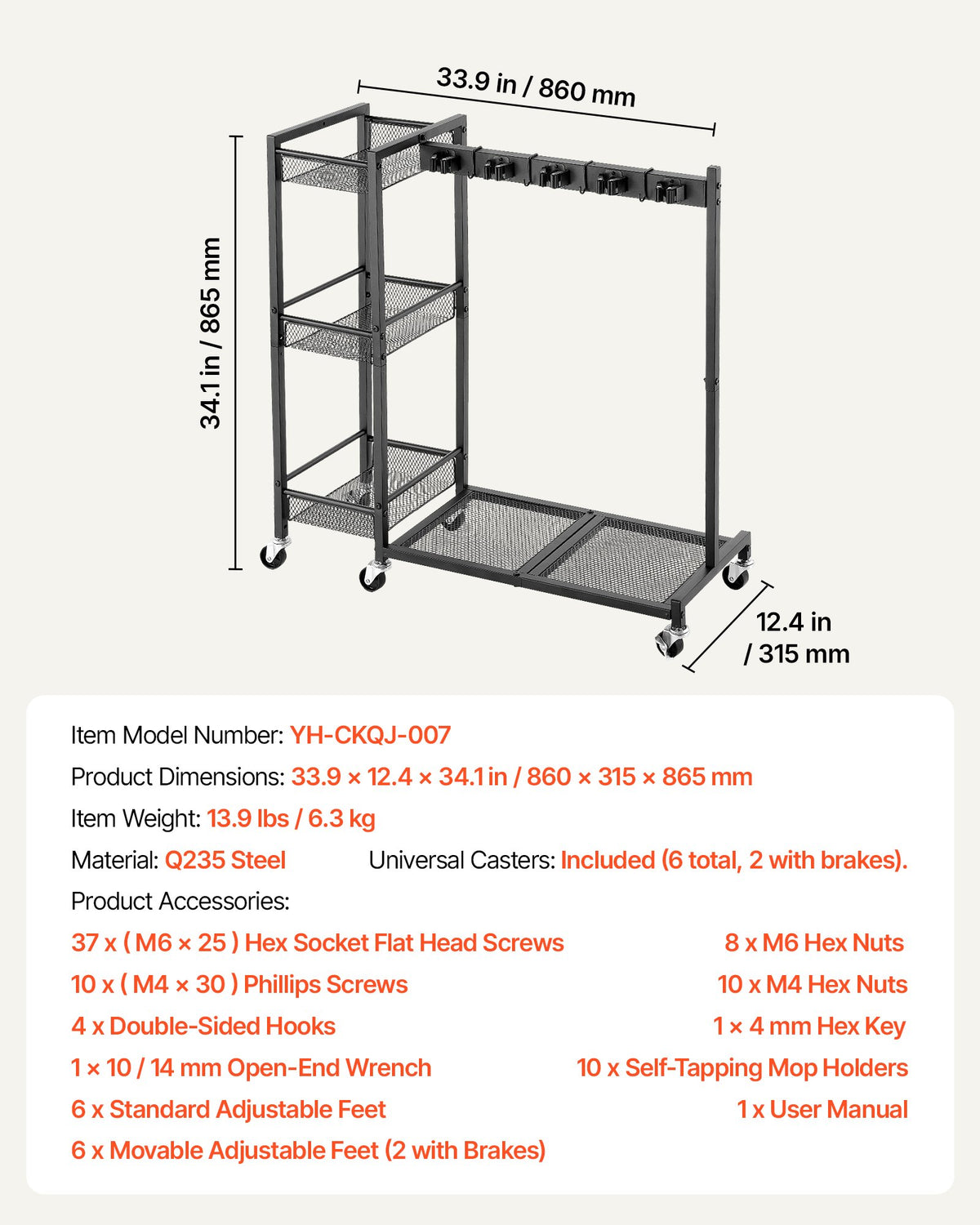 Broom Holder with Cleaning Supplies Organizer, Garage Storage Metal, Cleaning Cart with Mop Hanger, for Home Brooms, Detergent, Brushes, Heavy-Duty Steel Utility Tool Holder, with Wheels, Black