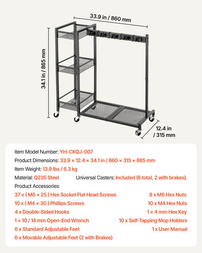 Broom Holder with Cleaning Supplies Organizer, Garage Storage Metal, Cleaning Cart with Mop Hanger, for Home Brooms, Detergent, Brushes, Heavy-Duty Steel Utility Tool Holder, with Wheels, Black