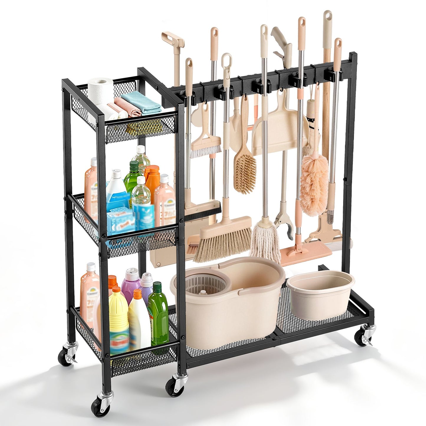 Broom Holder with Cleaning Supplies Organizer, Garage Storage Metal, Cleaning Cart with Mop Hanger, for Home Brooms, Detergent, Brushes, Heavy-Duty Steel Utility Tool Holder, with Wheels, Black