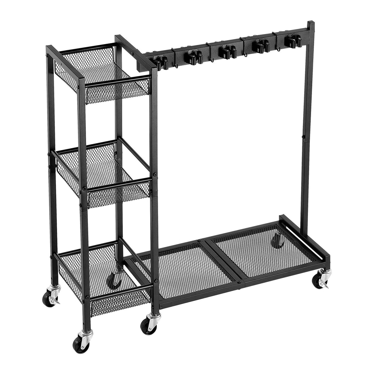 Broom Holder with Cleaning Supplies Organizer, Garage Storage Metal, Cleaning Cart with Mop Hanger, for Home Brooms, Detergent, Brushes, Heavy-Duty Steel Utility Tool Holder, with Wheels, Black