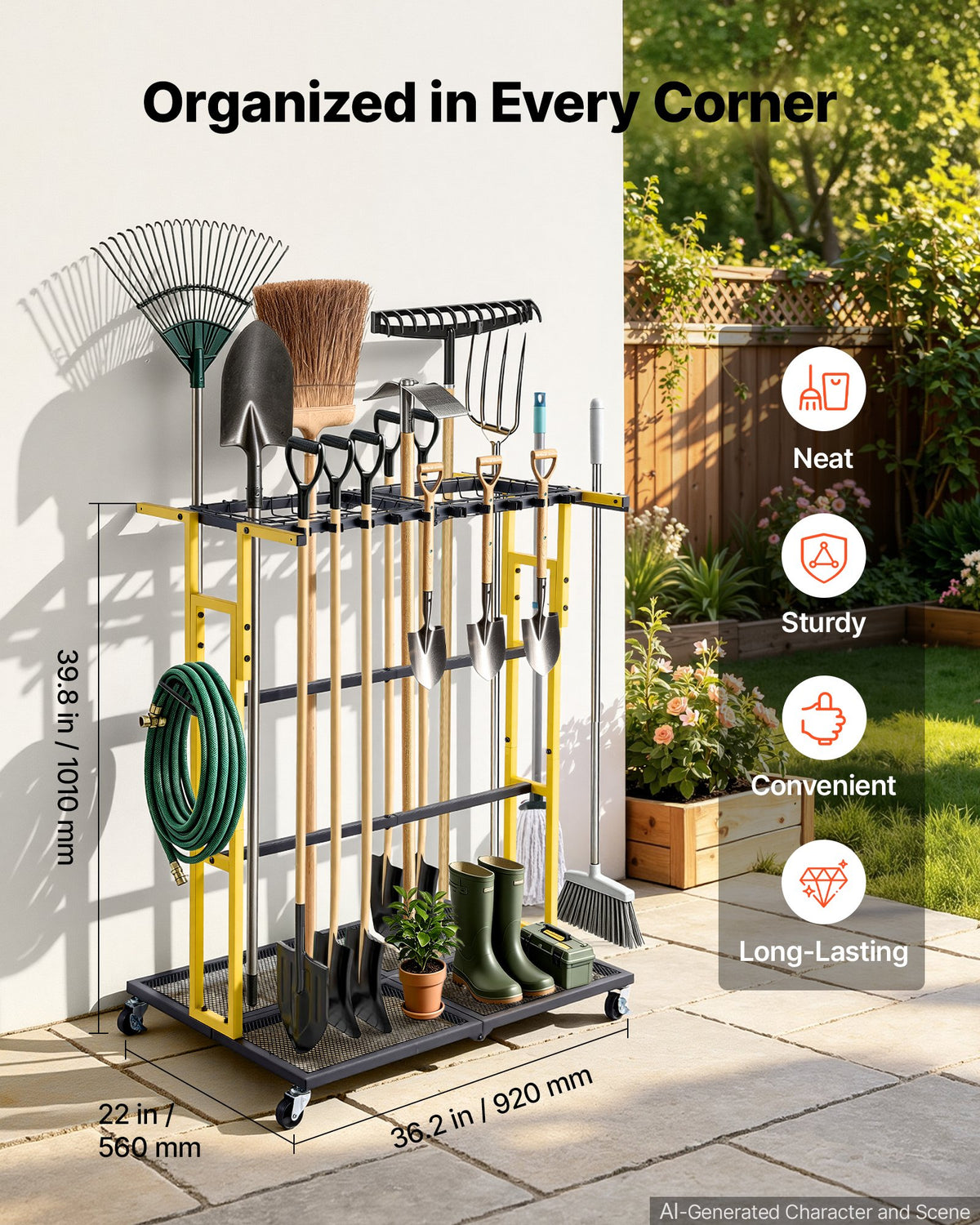 Garden Tool Organizer with Wheels, Large Metal Garage Storage Rack, for Rakes/Shovels/Brooms/Long Farming Tools, Yard Utility Holder for Shed/Outdoor/Lawn Organization, Heavy-Duty Steel, Black